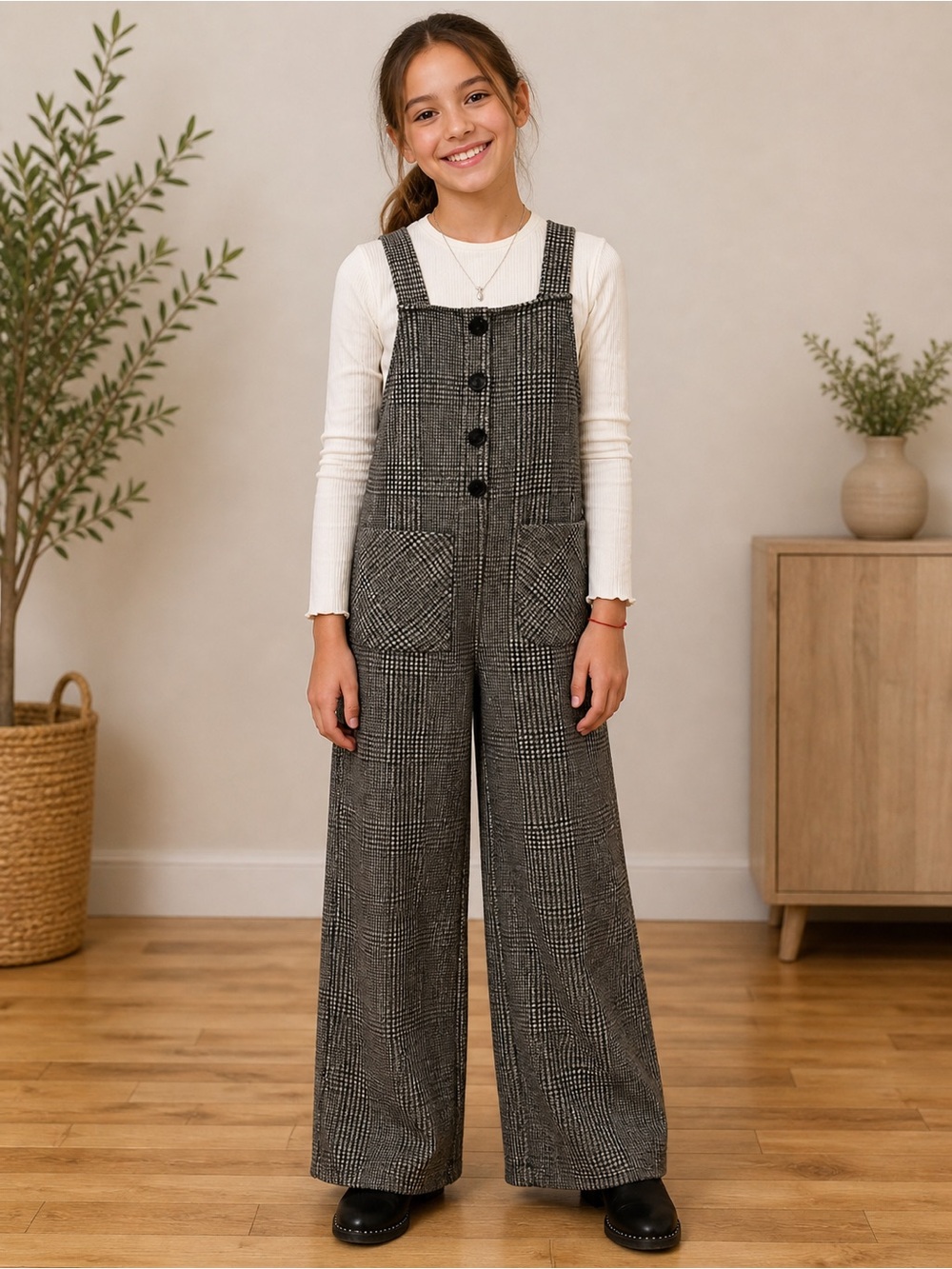 Zara Girls Wide Leg Grey Herringbone Jumpsuit Coverall Size 11-12